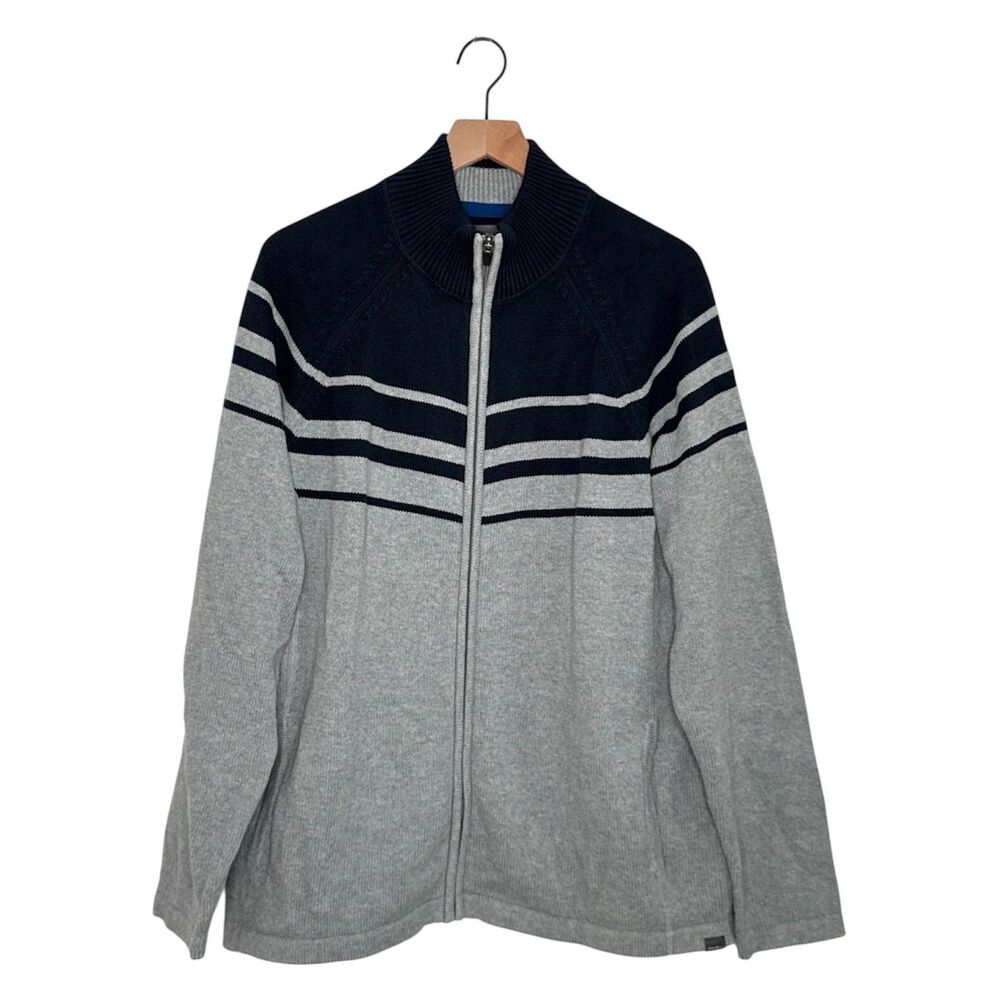 EDDIE BAUER Men's Cardigan Sweater Large Full Zipper 100% Cotton Gray Navy Blue